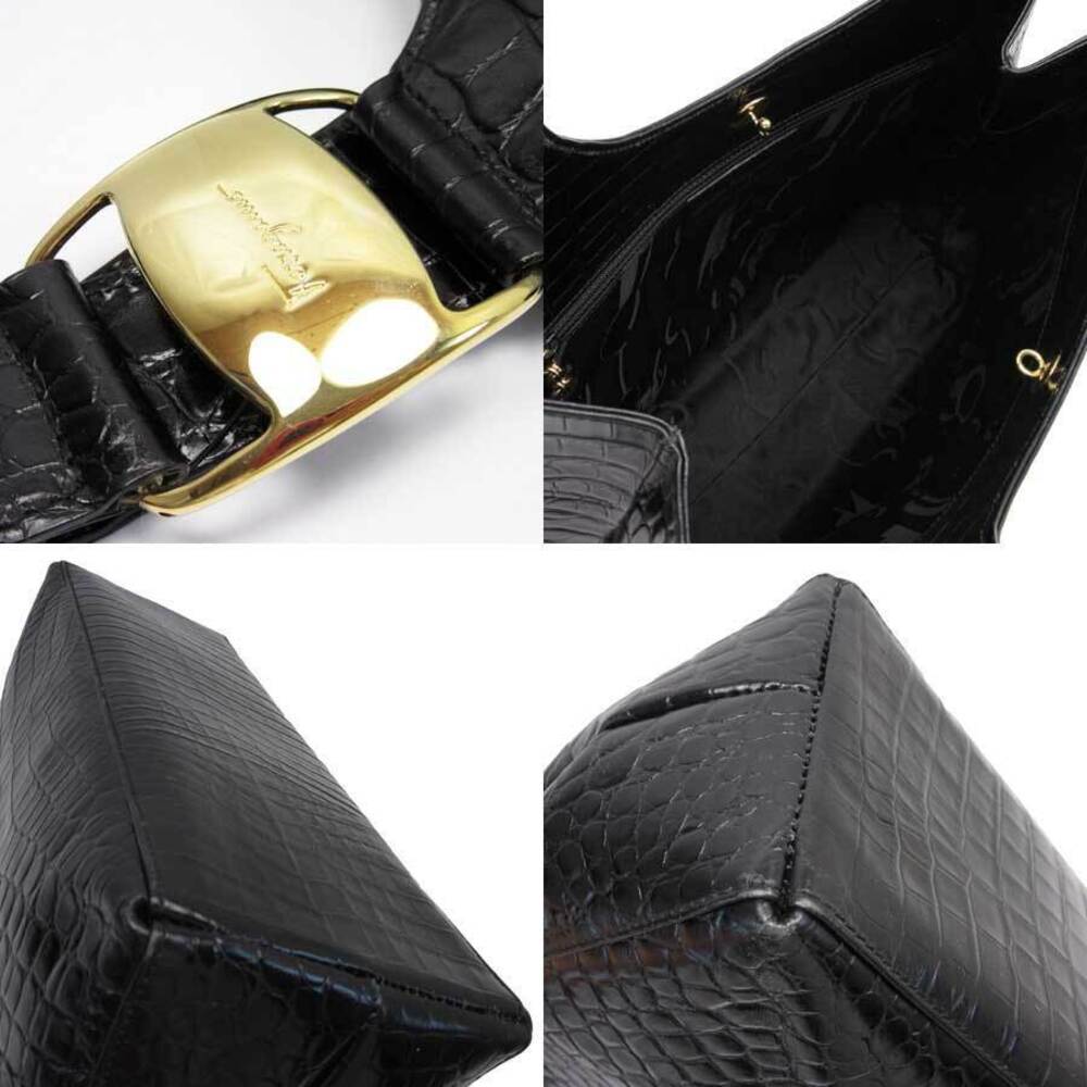 Salvatore Ferragamo Black Gold Vara Bag Embossed Shoulder Leather